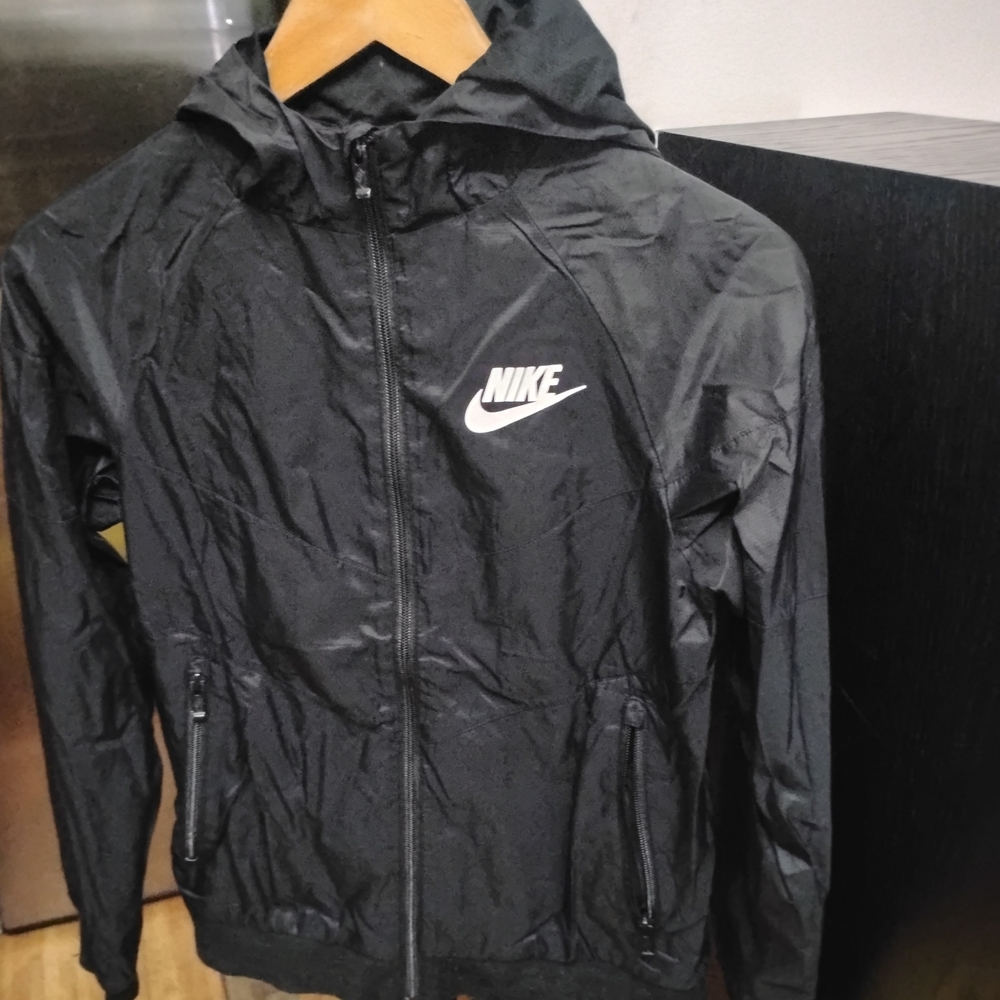 Nike Black Hooded Lightweight Windbreaker with White Swoosh